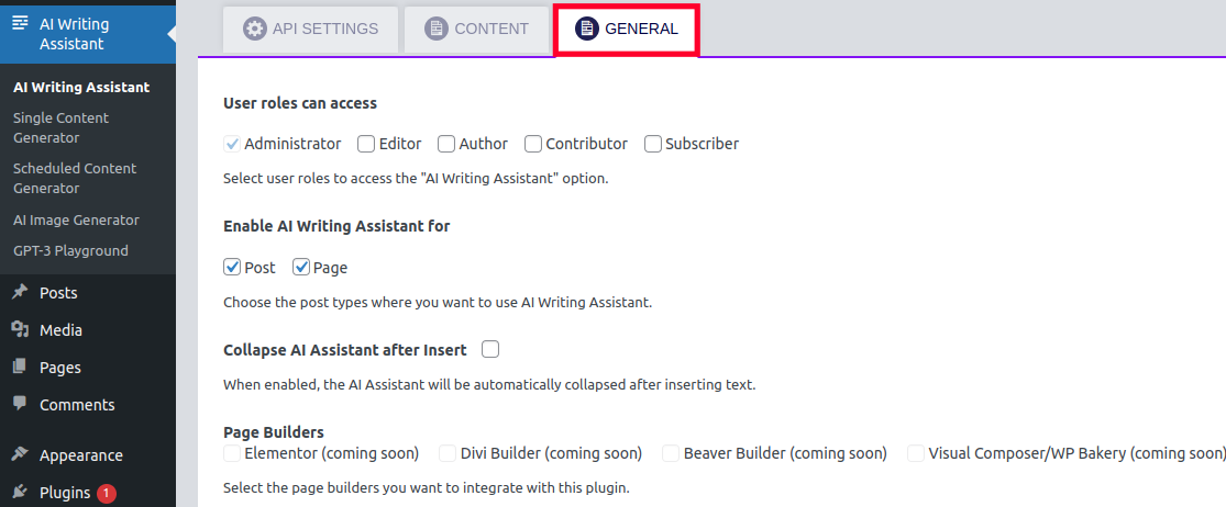General Settings for AI Writing Assistant