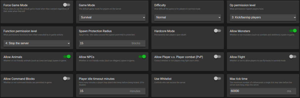 Gameplay and Difficulty Settings in the Minecraft Game Panel