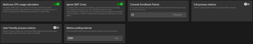 Monitoring and Metrics Settings in the Game Management Panel