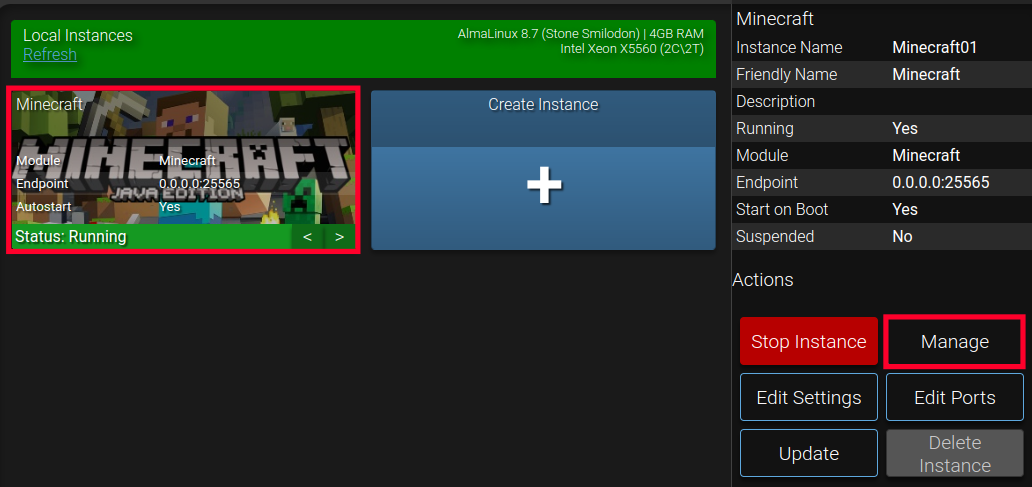 Manage an Instance in the Minecraft Game Panel