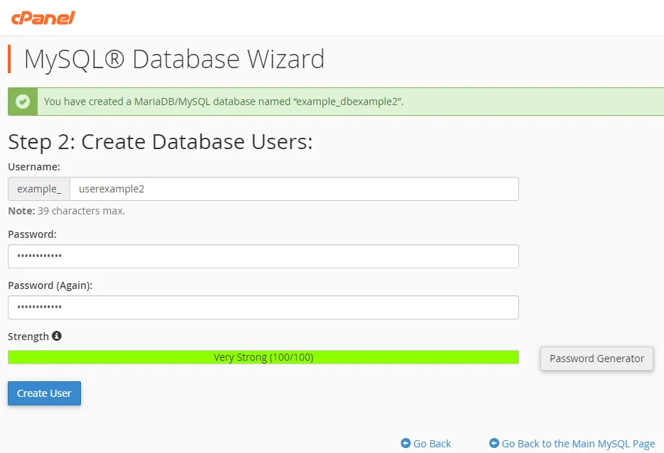 creating a MySQL Database through the cPanel Database Wizard