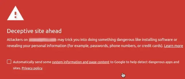 Google - deceptive site warning