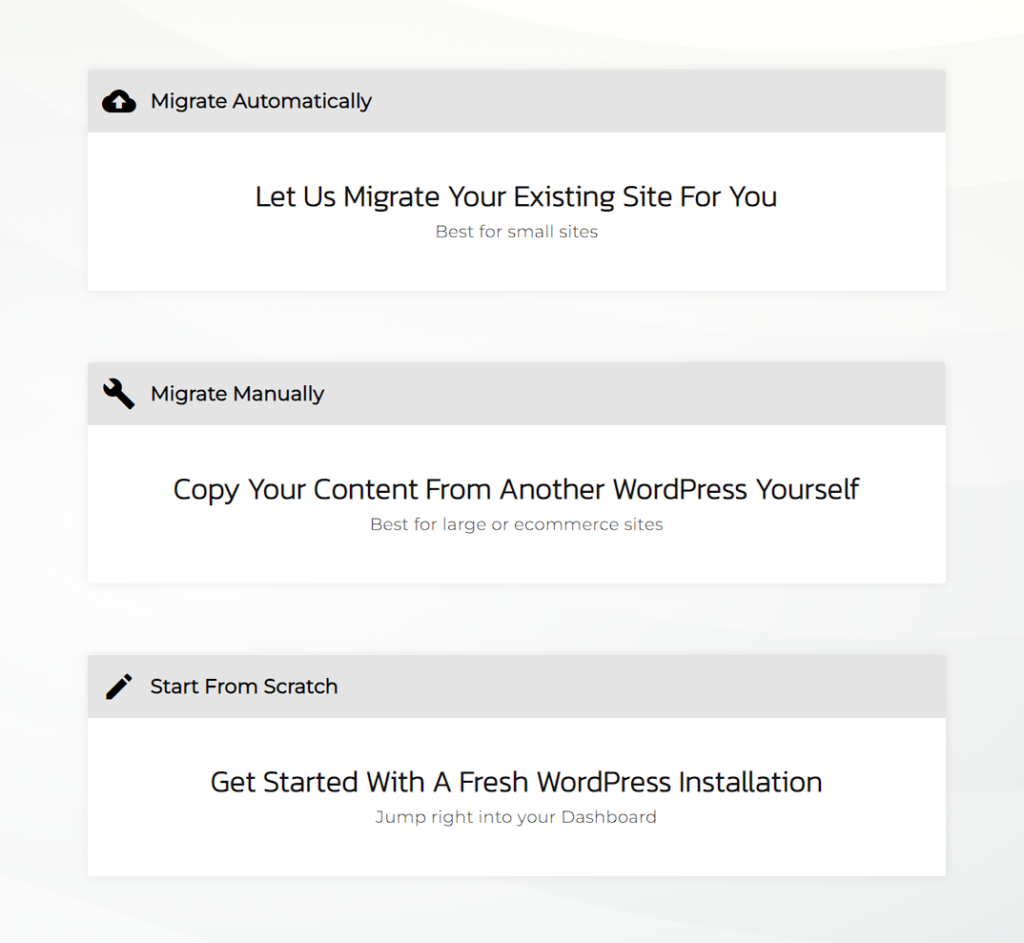 Screenshot of the different types of Migration options for Platform i Accounts 