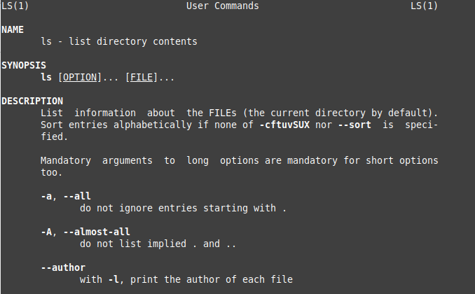 View of the ls Command Manual