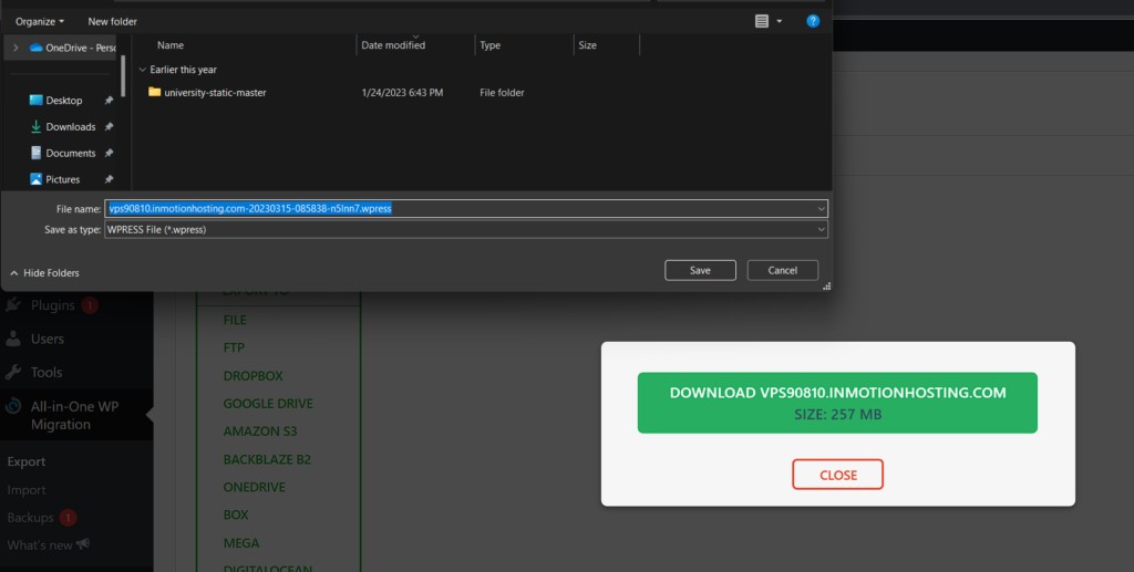 All-in-One WP Migration downloading backup file showing Windows file manager