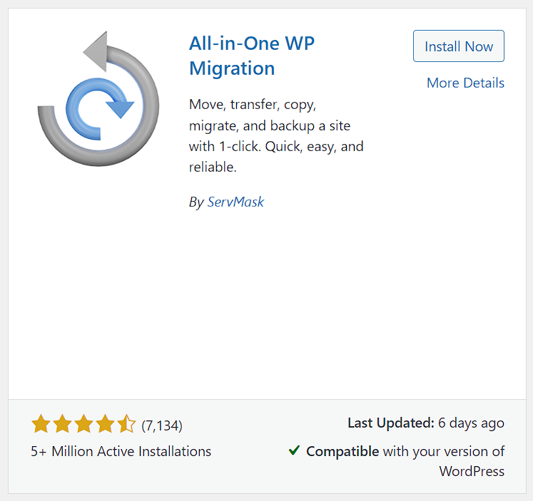 All-in-One WP Migration card from WordPress plugin repository
