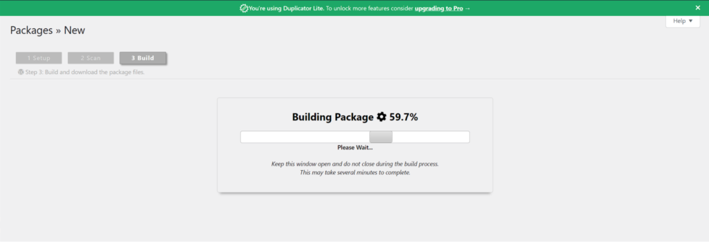 Duplicator building package progress indicator