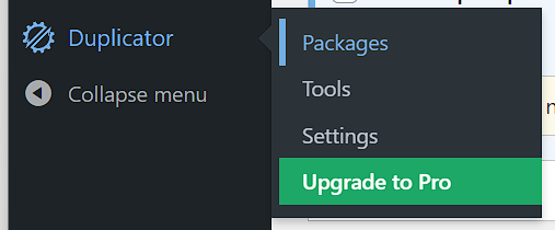 Duplicator menu in WordPress