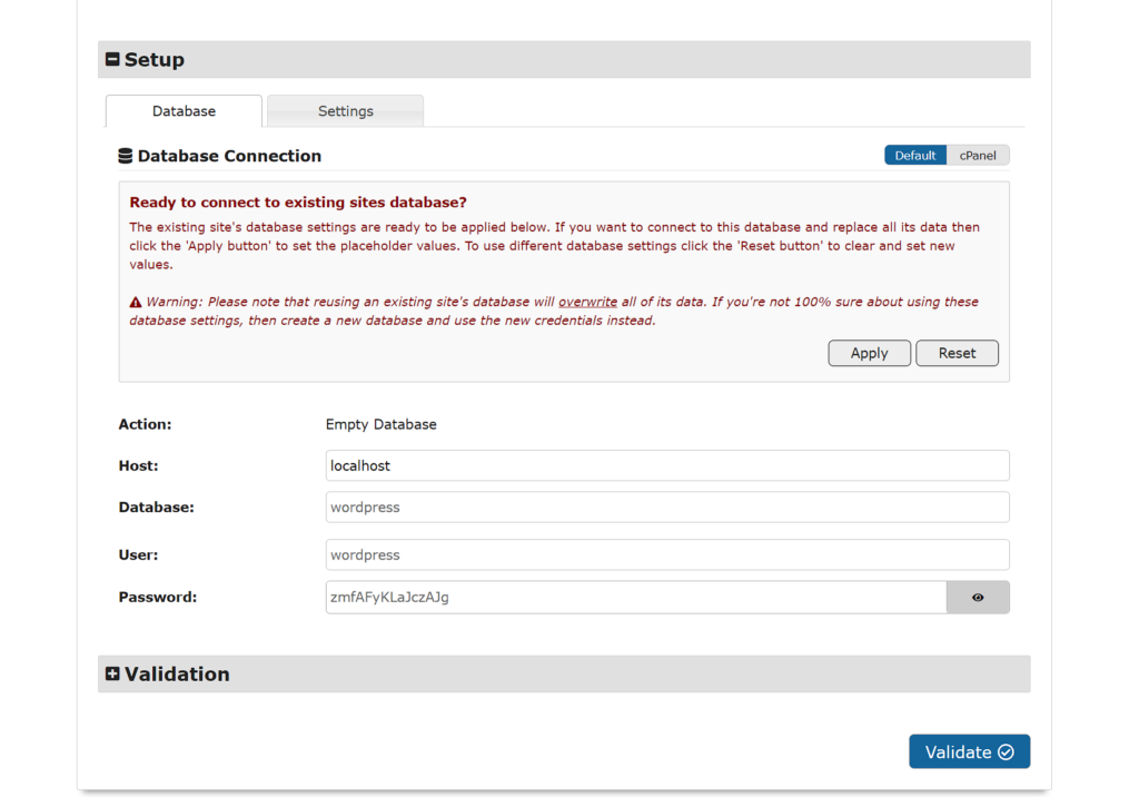 Duplicator installer - validating the existing database