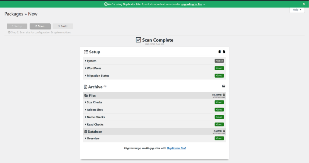 Duplicator scanning your website for new package creation