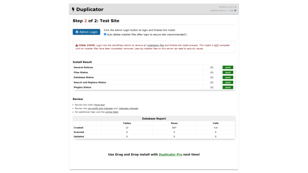 Duplicator installer restoration complete and showing testing steps