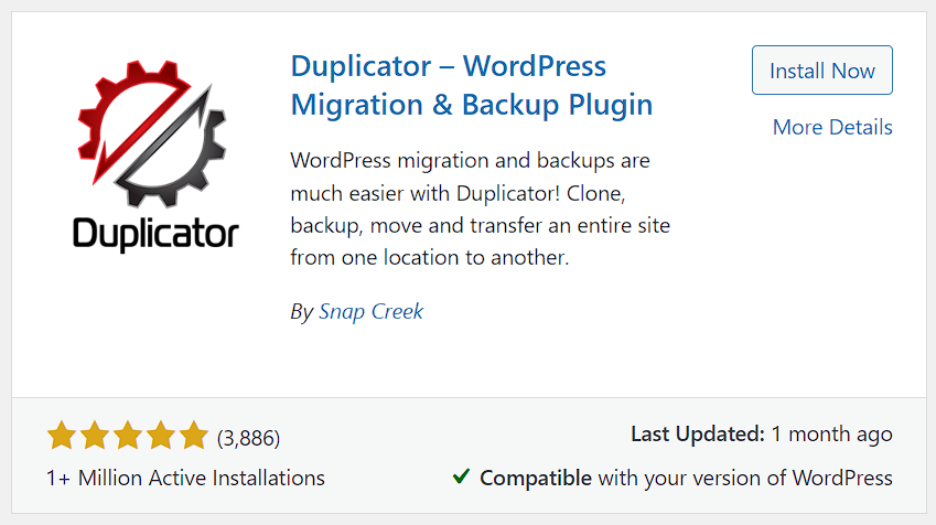 Duplicator card from the WordPress Plugins Repository