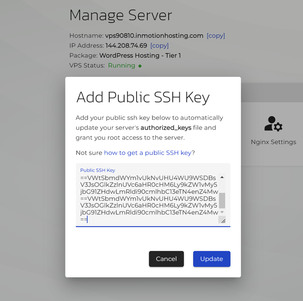 InMotion Central Adding Public SSH key to your VPS