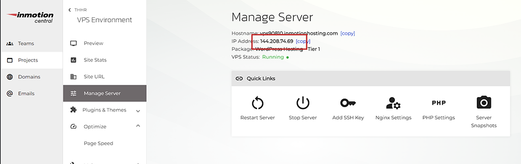 InMotion Central locating your VPS IP Address
