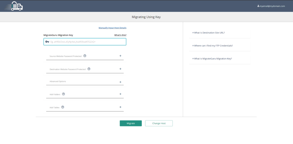 Migrate Guru migrate using key