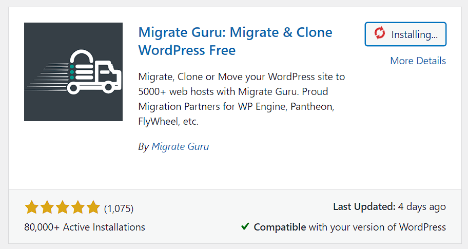 Migrate Guru WordPress plugin repository card, showing installing bad
