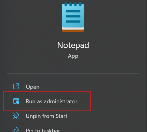Windows open notepad.exe as administrator