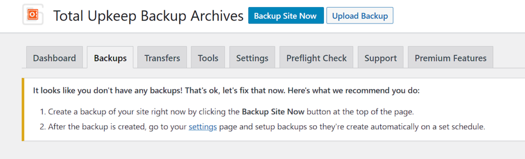 Total Upkeep's Backup Archives page