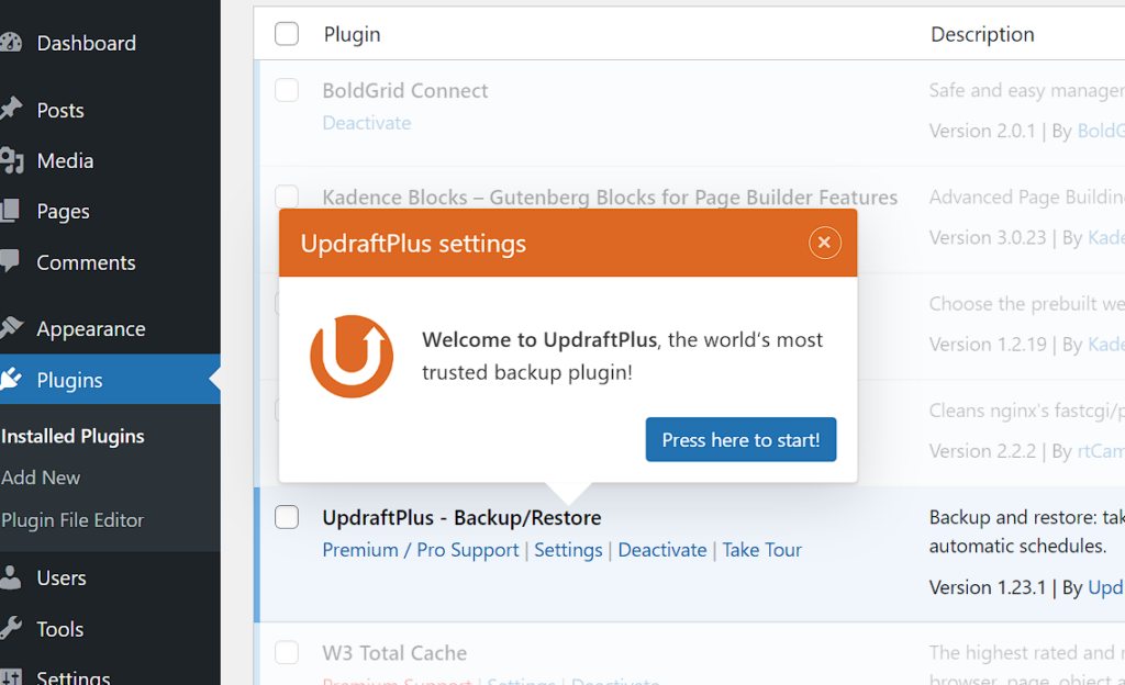 Welcome to UpdraftPlus plugin tour, showing button labeled Press here to start