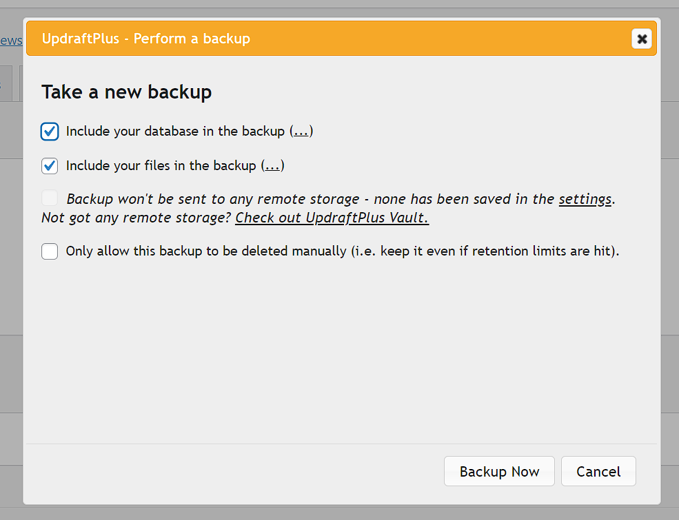 UpdraftPlus take a new backup settings