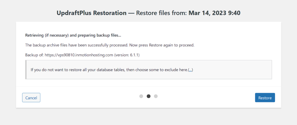 UpdraftPlus restoration showing processing step for backup files