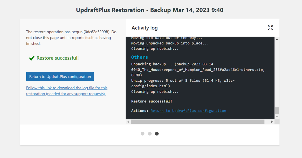 UpdraftPlus restoration successful message