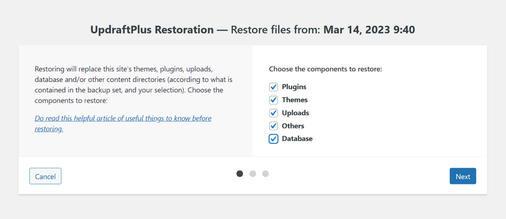 UpdraftPlus showing components for restoration options, with all options selected for migration