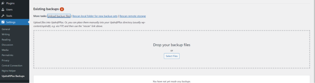 UpdraftPlus existing backups and uploading your backup for migration