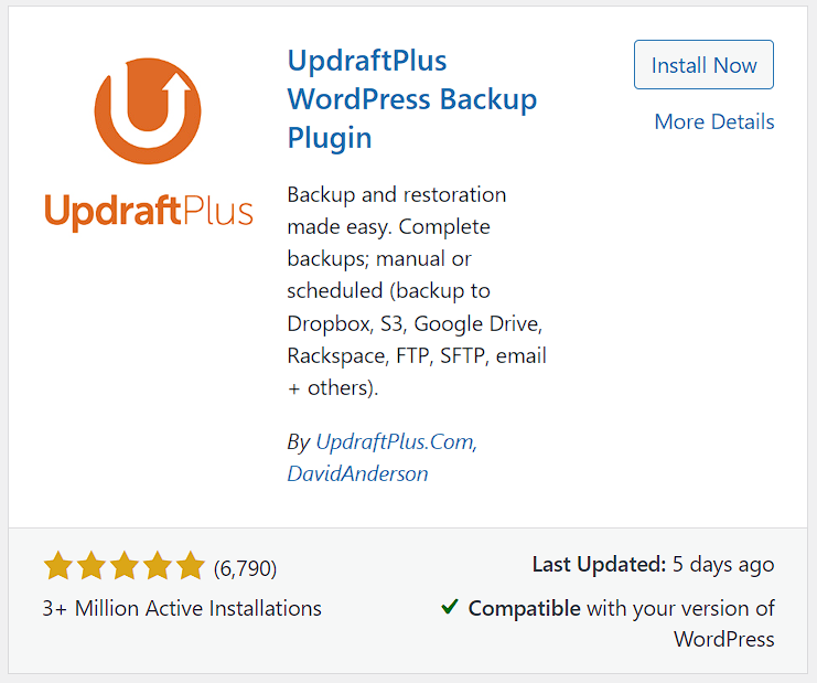 UpdraftPlus card from WordPress repository