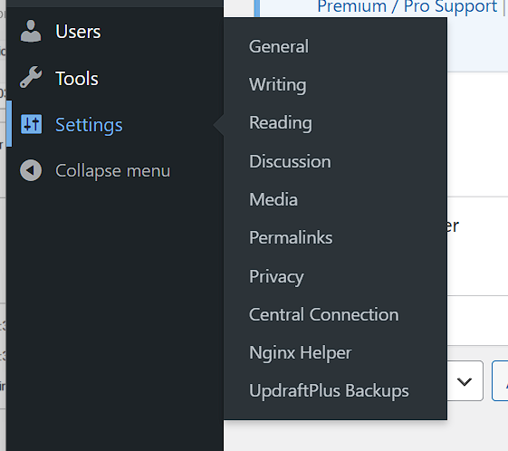 WordPress dashboard nav menu showing UpdraftPlus Backups link