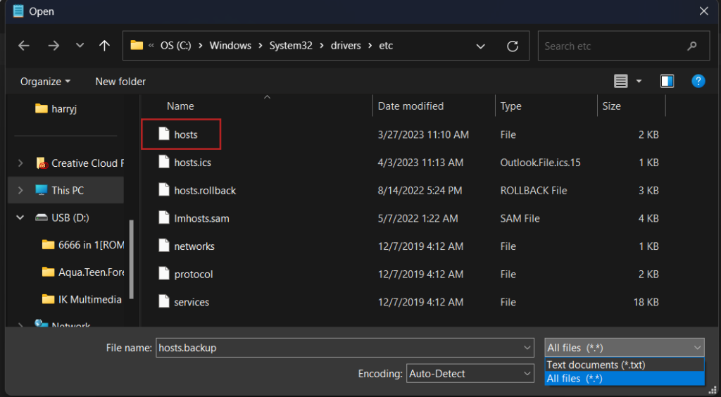 Windows file manager opening hosts file and selecting All Files to see it 