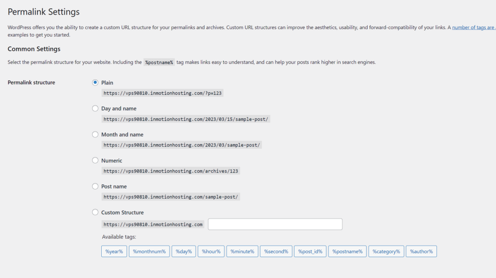 WordPress permalink settings