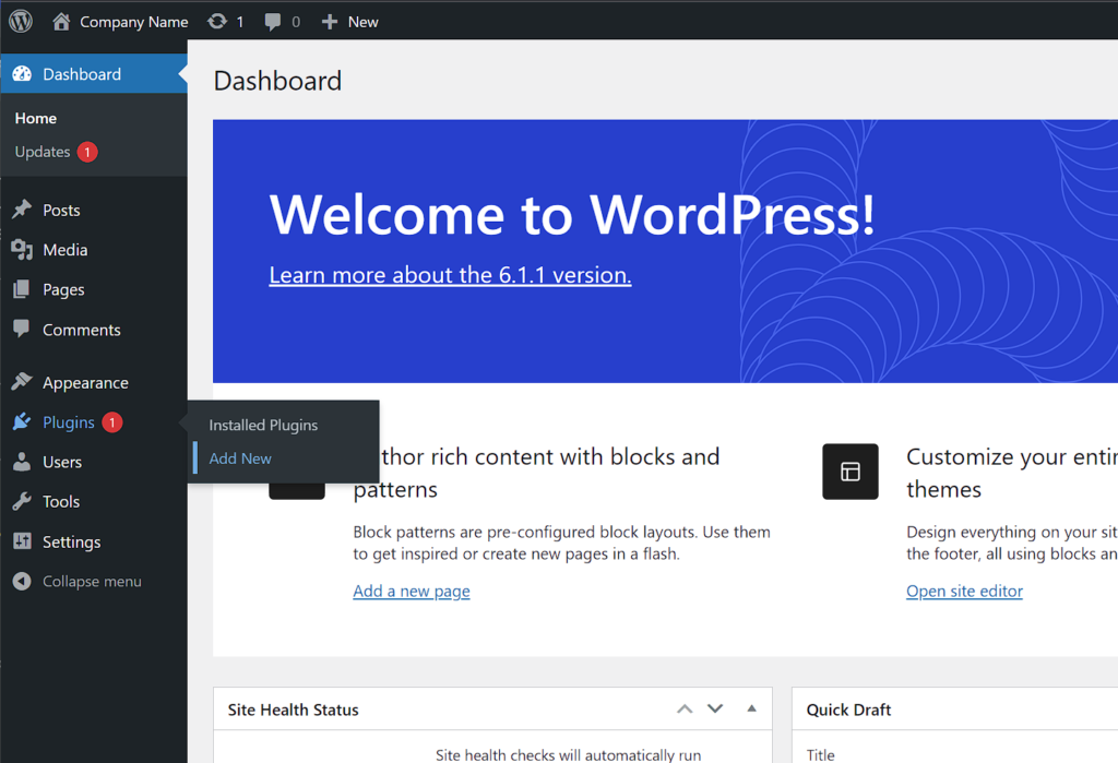 WordPress Dashboard showing Plugins > Add New link on left hand side
