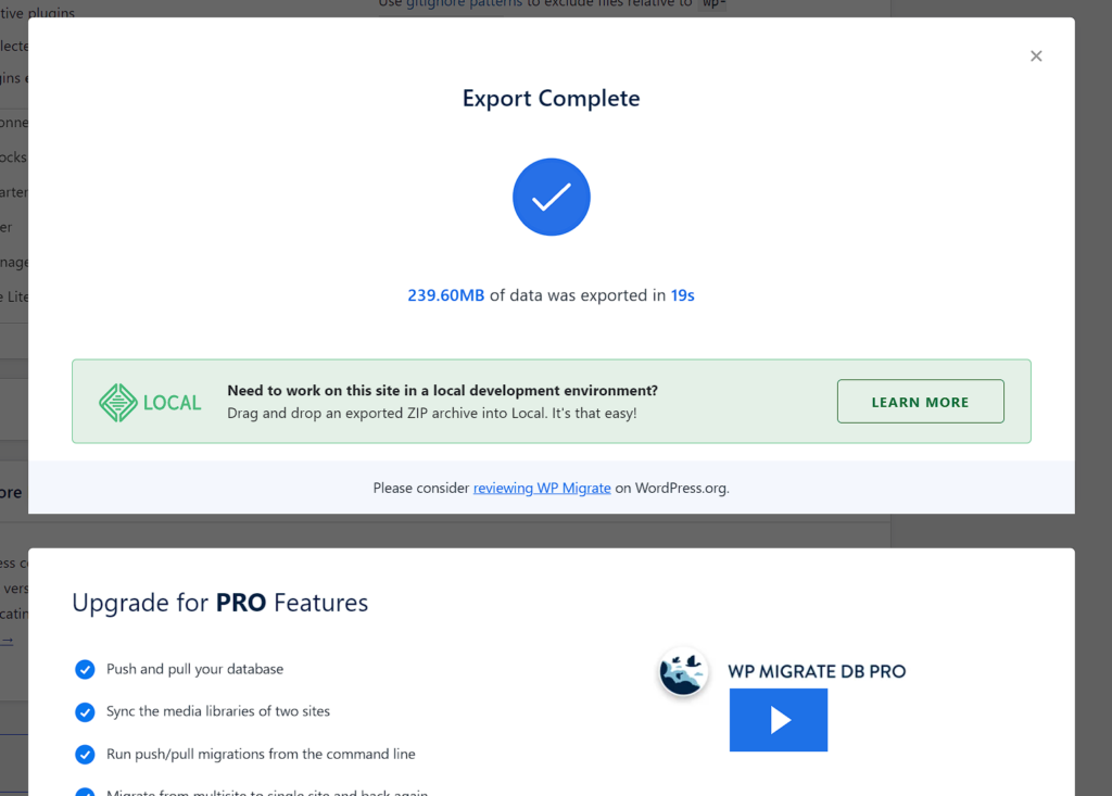 WP Migrate Export complete message