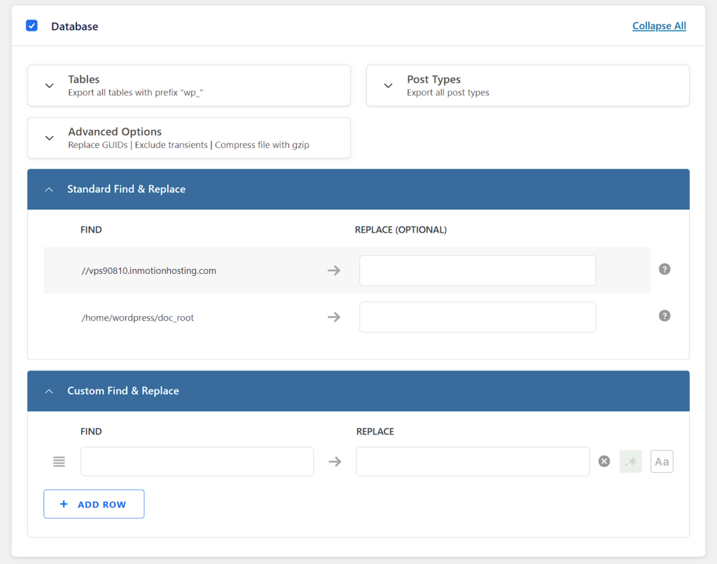 WP Migrate Database settings for backup