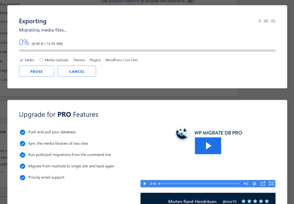 WP Migrate Exporting progress 