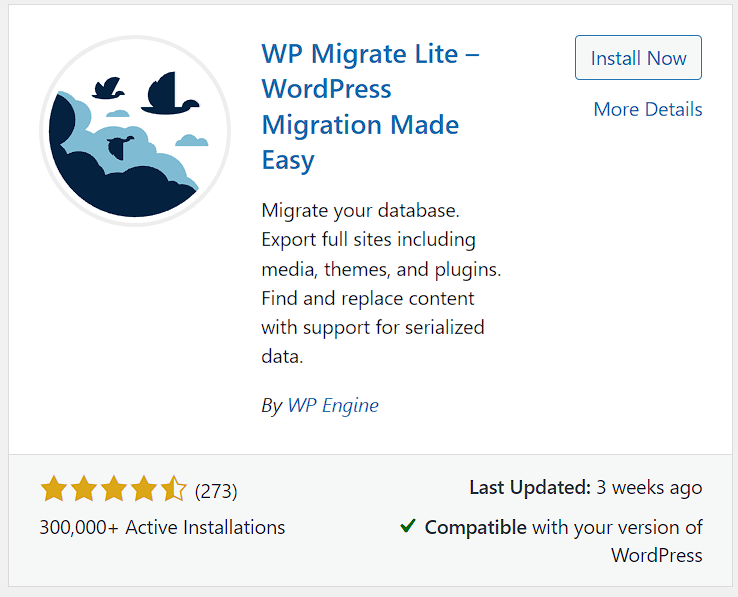 WP Migrate Lite WordPress Plugins repository card