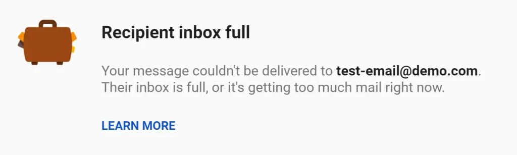 Recipient inbox full Gmail bounce back error screenshot 