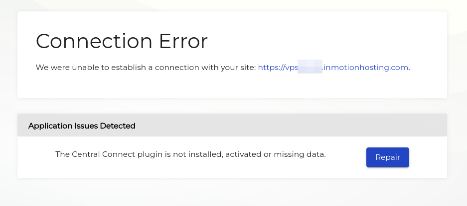 Connection error due to missing the Central Connect plugin, and a button to attempt repair