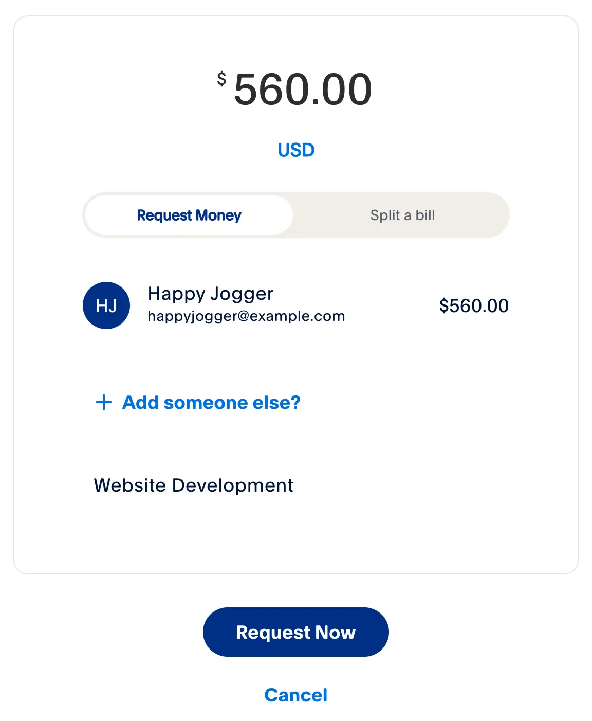 PayPal Request Money screen