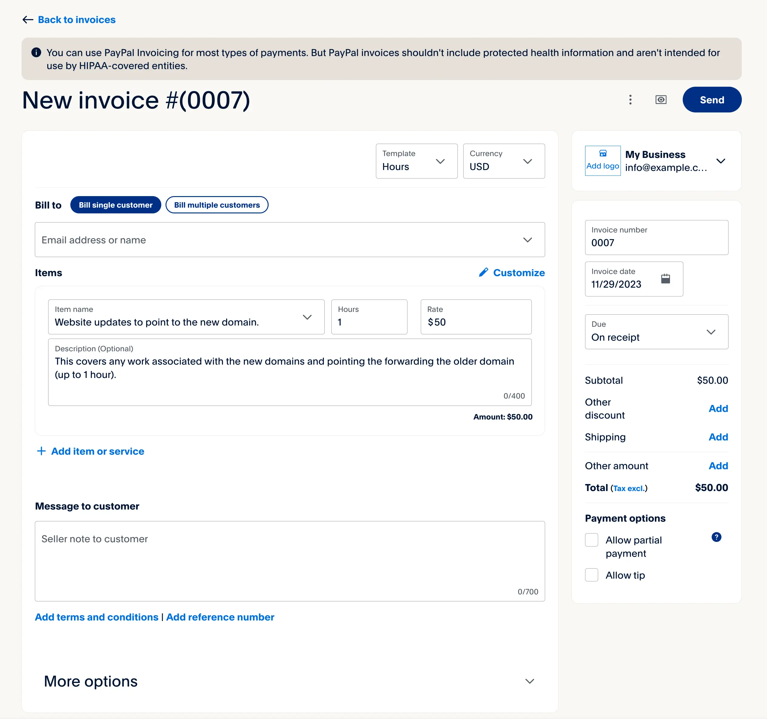 PayPal Invoice Creation