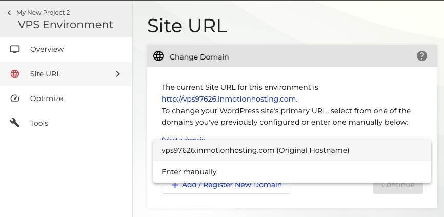 screenshot of the site url tool with the original hostname selected