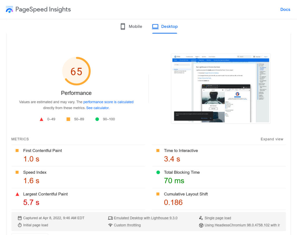 Screenshot showing how PageSpeed Insights works