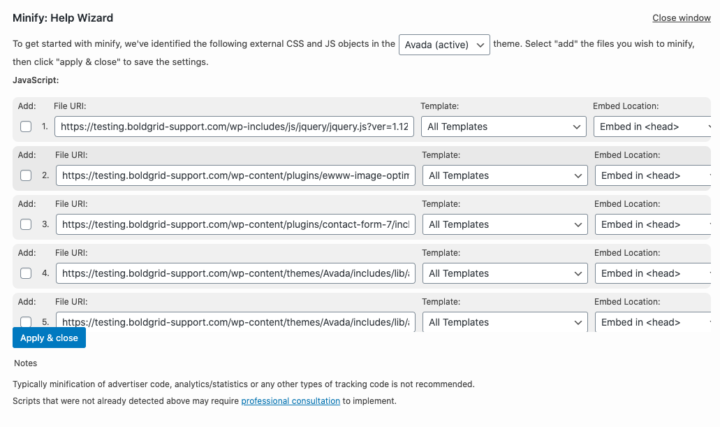 Minify Help wizard in Total Cache