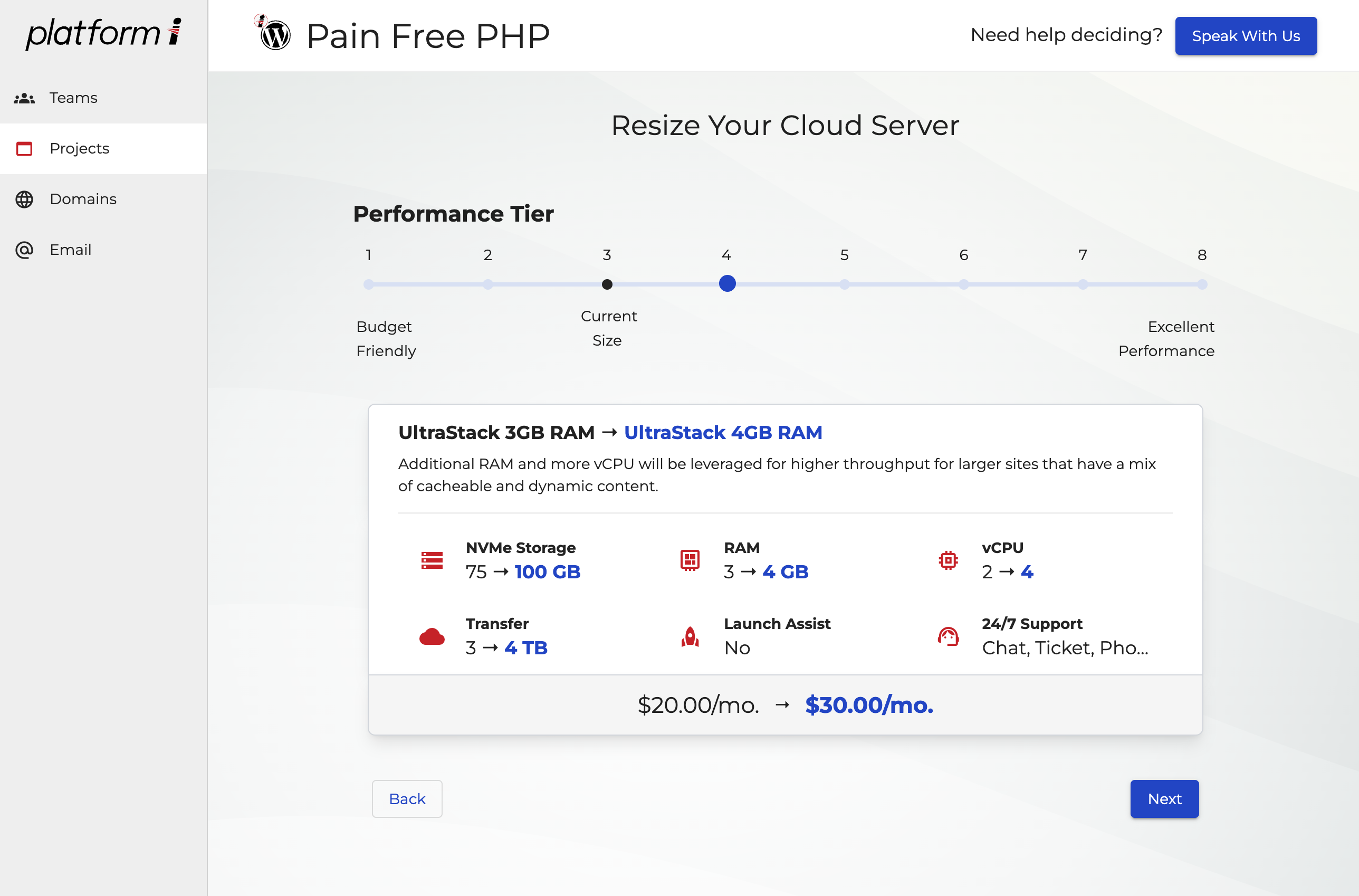 Screenshot of the Resize Cloud Server screen