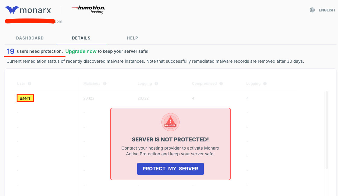 Monarx Security Infected Users and Files Details