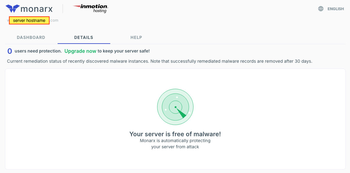 Monarx Security Your Server is Free of Malware Dashboard
