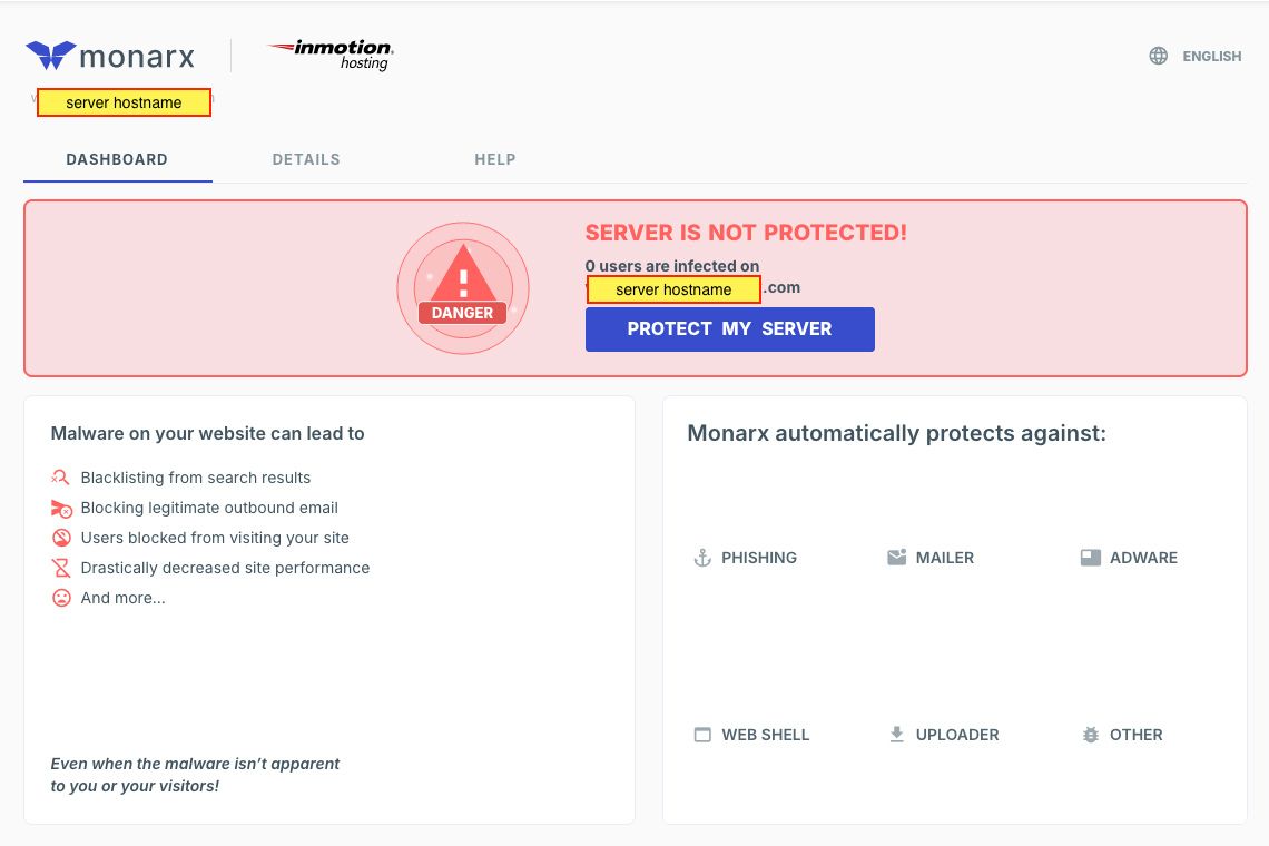 Monarx Security Zero Users are Infected Dashboard