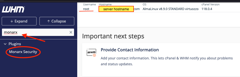 Typing Monarx in WHM Search