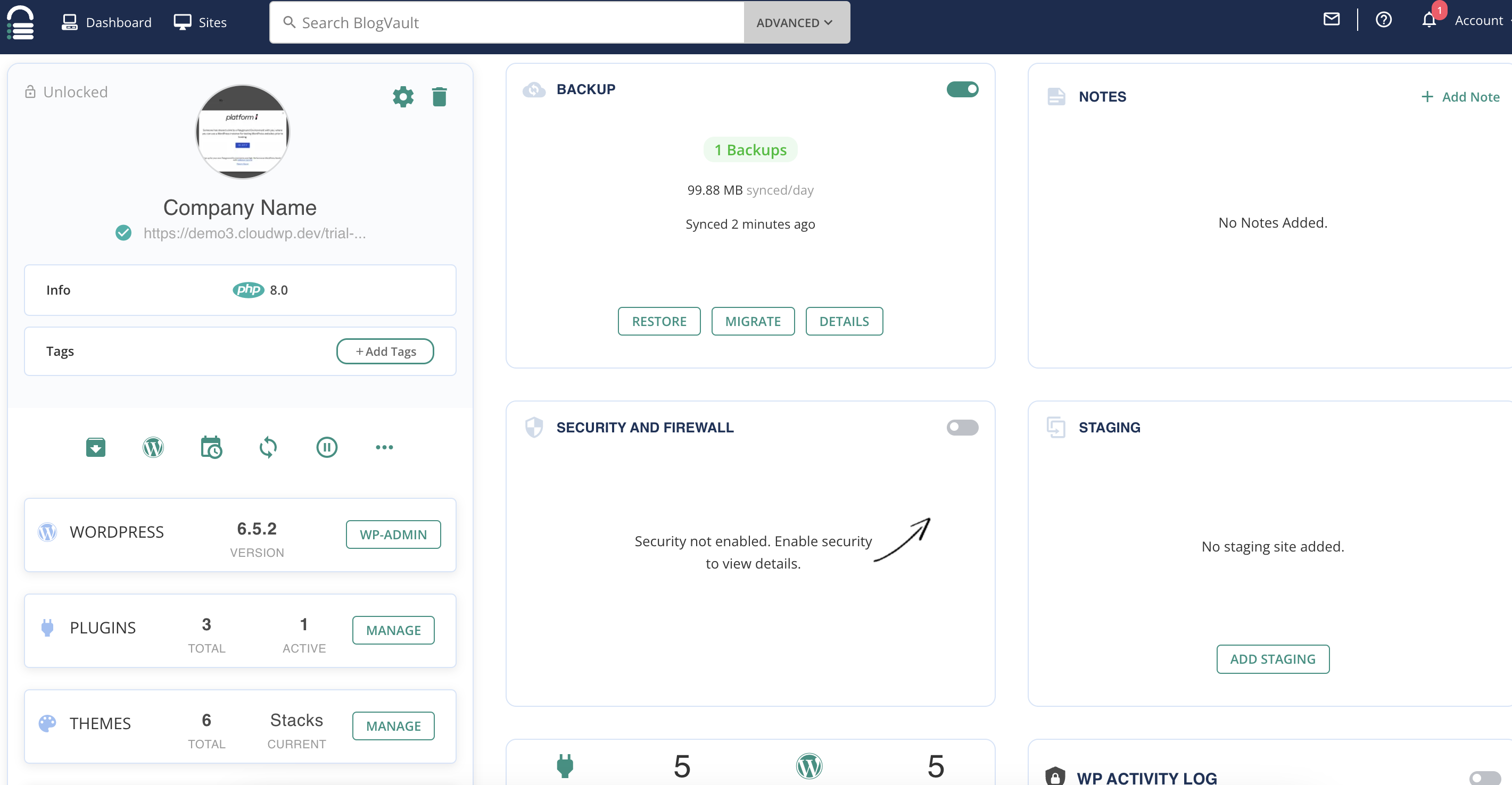 BlogVault WordPress Plugin Dashboard Screenshot